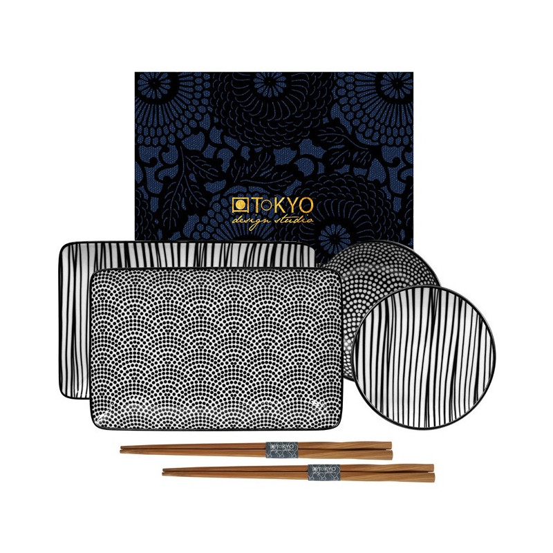 SET DI 4 PIATTI SUSHI CON BACCHETTE NIPPON NERO TK 17998 TOKYO DESIGN STUDIO