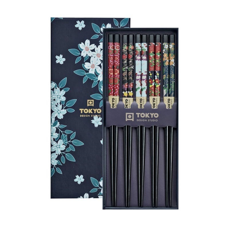 SET OF 5 PAIR OF CHOPSTICKS CHERRY BLOSSOM BLUE TK 17948 TOKYO DESIGN STUDIO