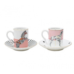 SET OF 2 COFFEE CUPS WITH SAUCERS, DOG AND PARROT