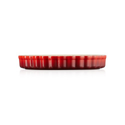 RED CHERRY FLUTED FAN DISH, STONEWARE