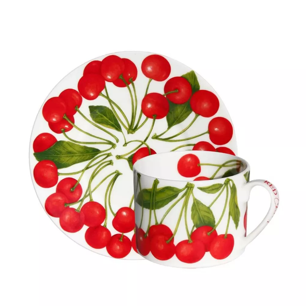 SET OF 4 TEA CUP AND SAUCER - RED CHERRY