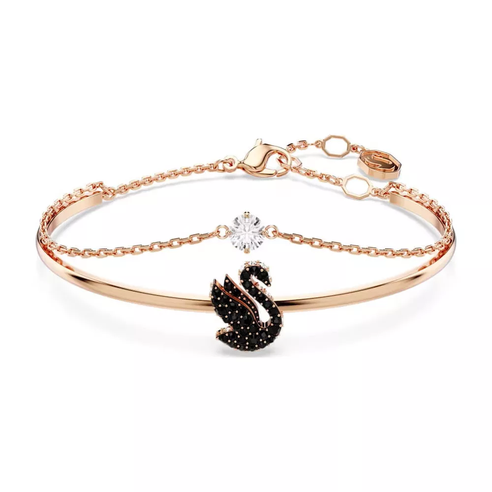 BRACCIALE RIGIDO CIGNO SWAROVSKI SWAN, NERO, PLACCATO ORO ROSA