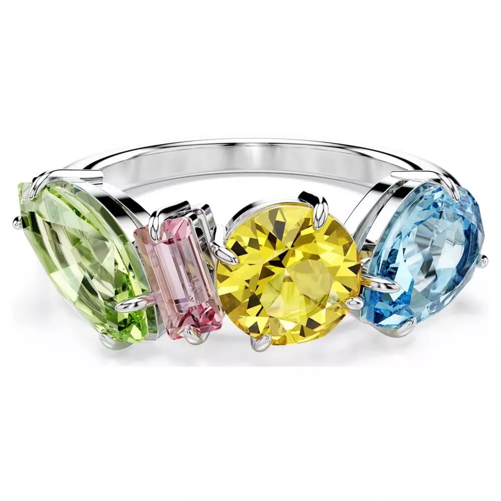 GEMA RING, MIXED CUTS, MULTICOLORED, RHODIUM PLATED