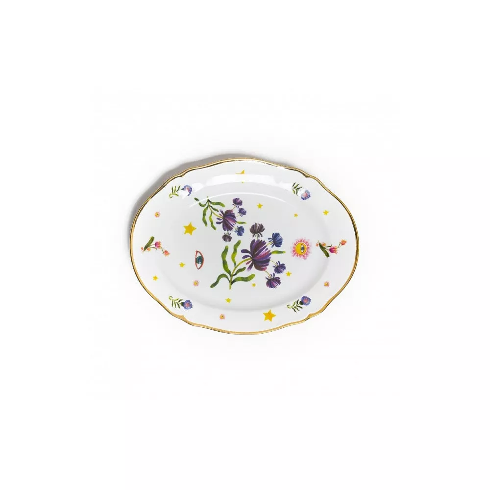 VASSOIO OVALE 34 CM DECORO FLOREALE FILO ORO FTB93