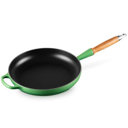 28 CM CAST IRON FRYING PAN, WOODEN HANDLE