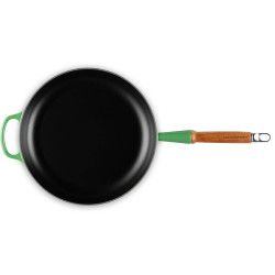 28 CM CAST IRON FRYING PAN, WOODEN HANDLE