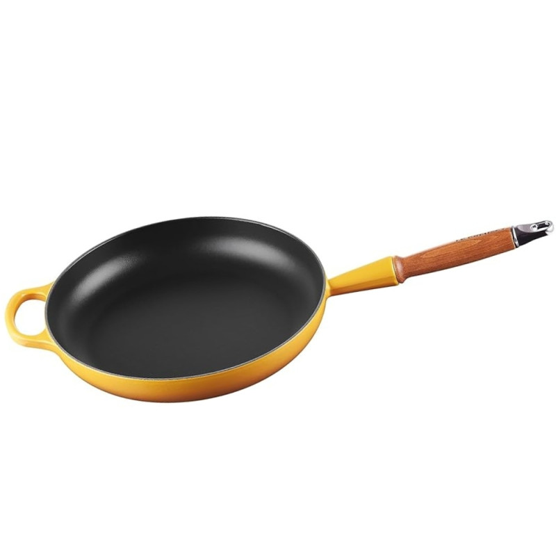 28 CM CAST IRON FRYING PAN, WOODEN HANDLE