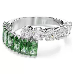 MATRIX RING, GREEN AND WHITE, RHODIUM PLATED