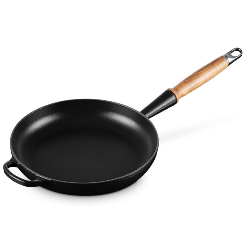 28 CM CAST IRON FRYING PAN, WOODEN HANDLE