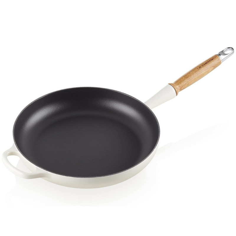 28 CM CAST IRON FRYING PAN, WOODEN HANDLE