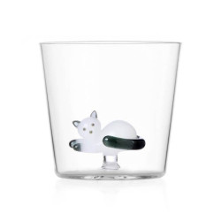 GLASS WITH WHITE CAT, GRAY...